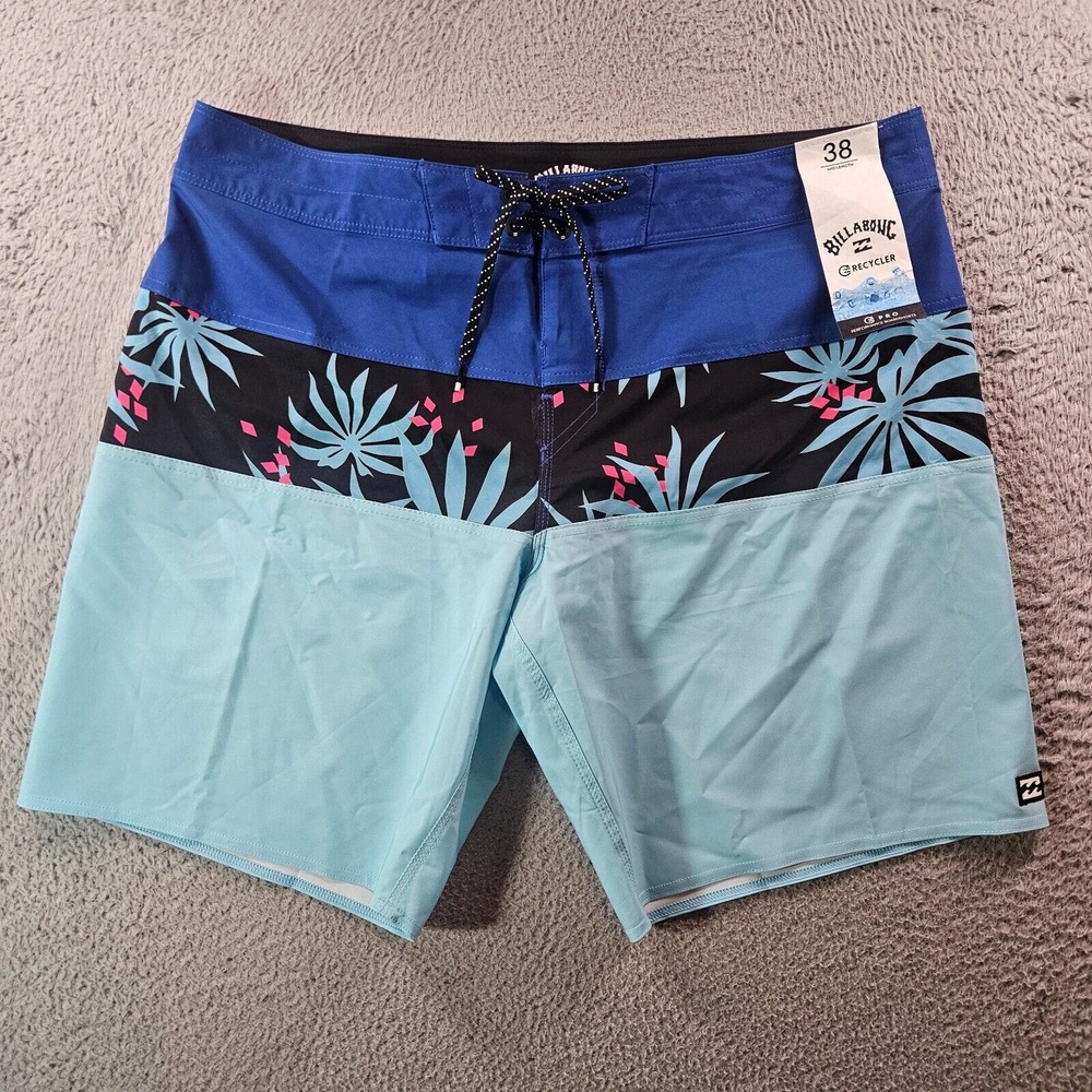 NWT Billabong Swim Trunks Board Shorts Men's 38 - No Liner Palm Leaf Blue Black